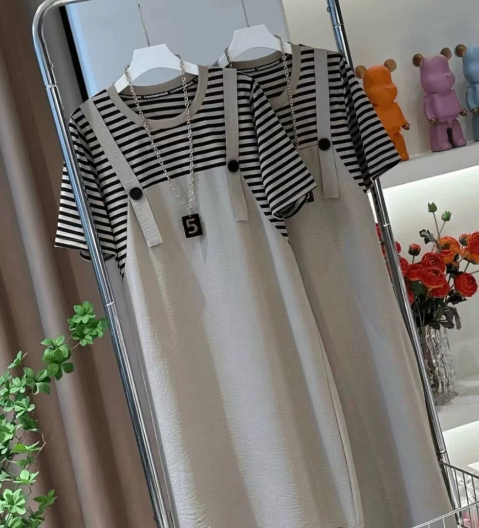 拼接长裙夏季简约通勤条纹连衣裙 肆-5032