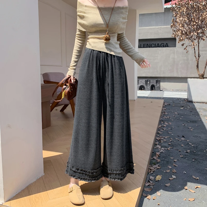 秋冬灰色女士拼接双层木耳花边糯米阔腿休闲裤慵懒宽松显瘦裤子
