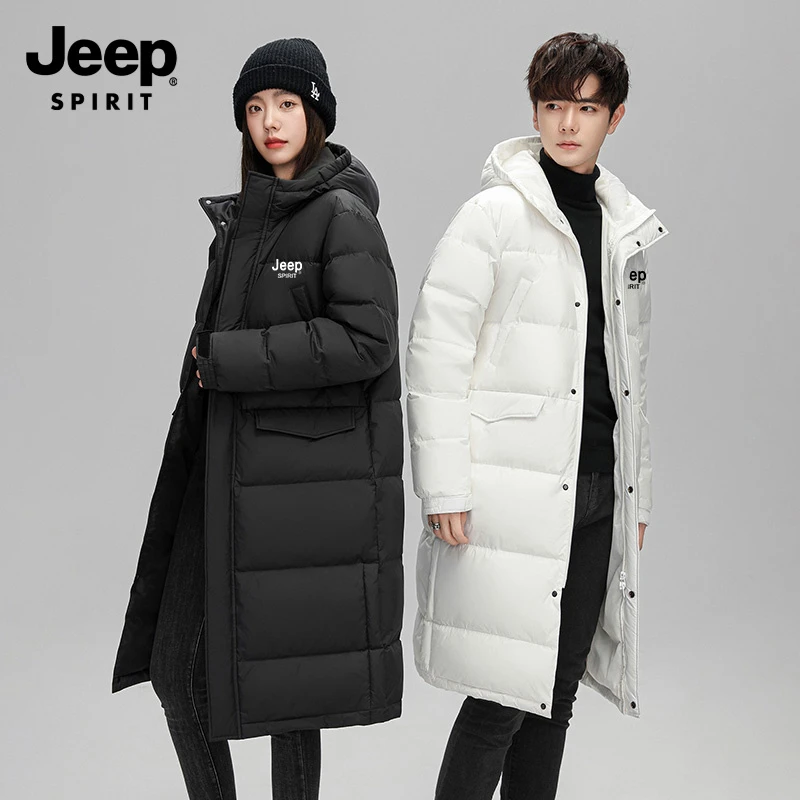 JEEP SPIRIT吉普男女羽绒服男女款冬季纯色长款过膝加厚连帽外套
