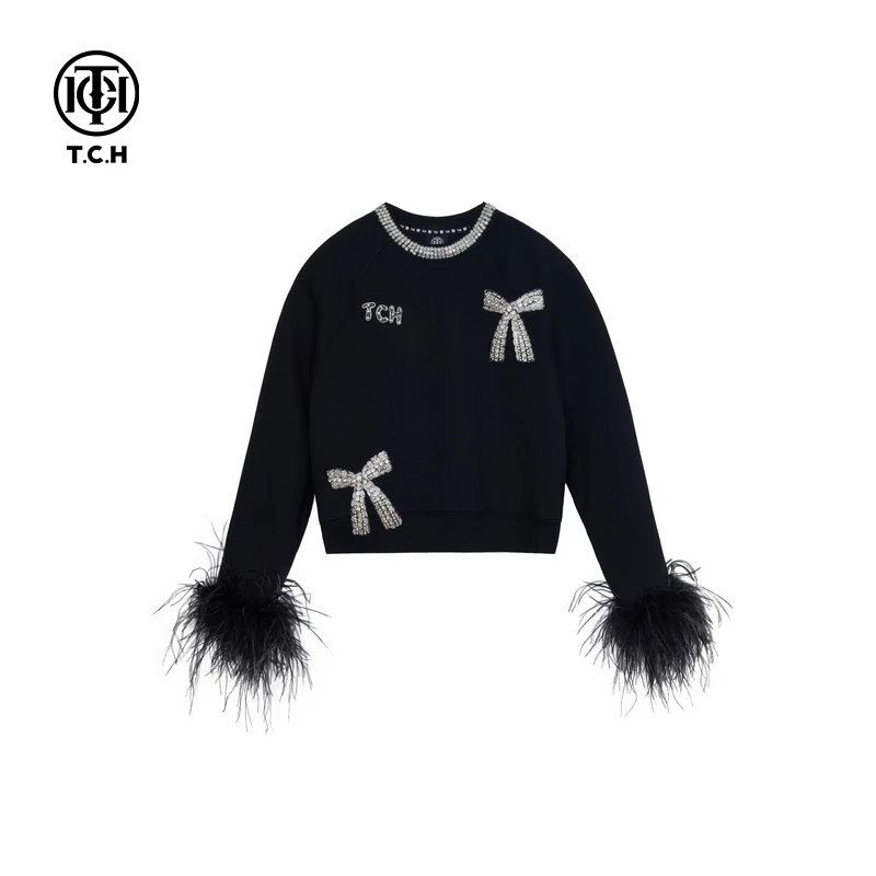 TCH水钻蝴蝶结圆领黑色卫衣女2025春法式气质圆领衫T72C116011