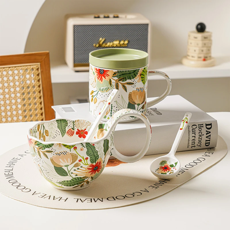 七彩云花陶瓷早餐杯曲把杯直身杯牛奶燕麦创意咖啡杯水杯高颜值