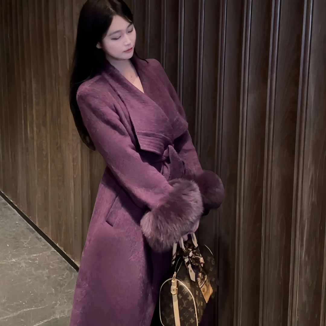 宽边领长款正肩袖宽松双面羊毛女装新款狐狸毛袖大衣