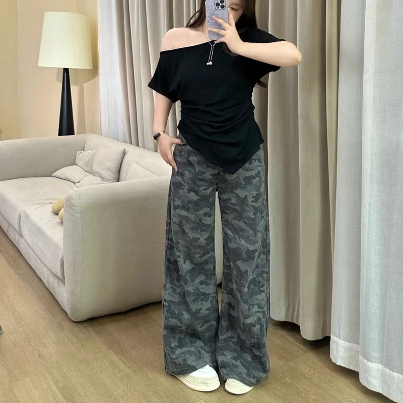 梨形身材胖MM大码加长迷彩牛仔裤女装宽松直筒阔腿裤拖地休闲长裤