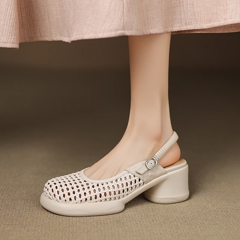 头层羊皮/6cm夏季镂空凉鞋女百搭舒适粗跟防水台厚底一字扣高跟鞋