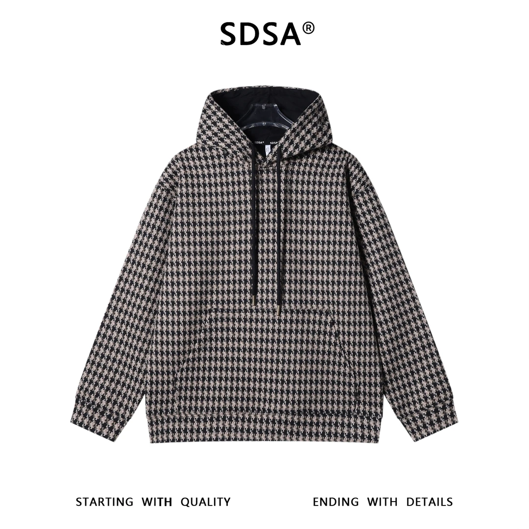 SDSA男士秋冬新款痞帅男装简约时尚撞色千鸟格抽绳连帽卫衣百搭