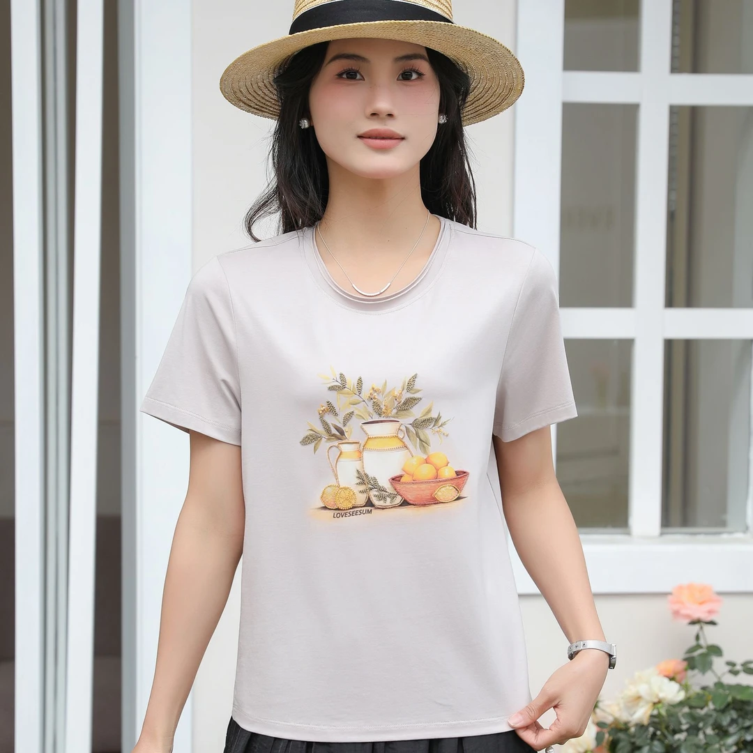 怡特美【柠檬】夏季兰精莫代尔+棉 工艺刺绣 抗菌圆领短袖t恤259803