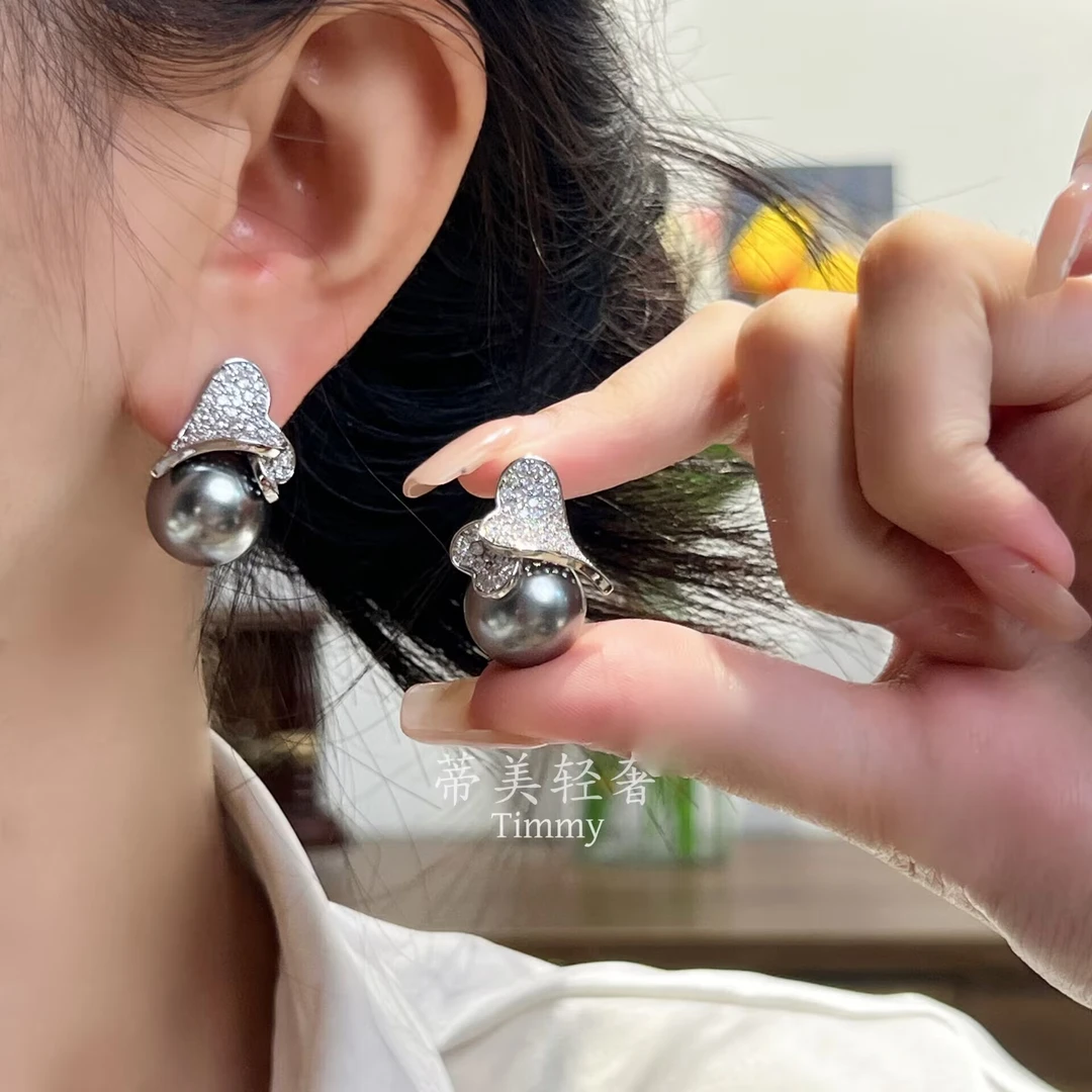 铜合金锆石耳饰 高级感女黑色精致耳钉百搭气质耳饰镶嵌复古小众