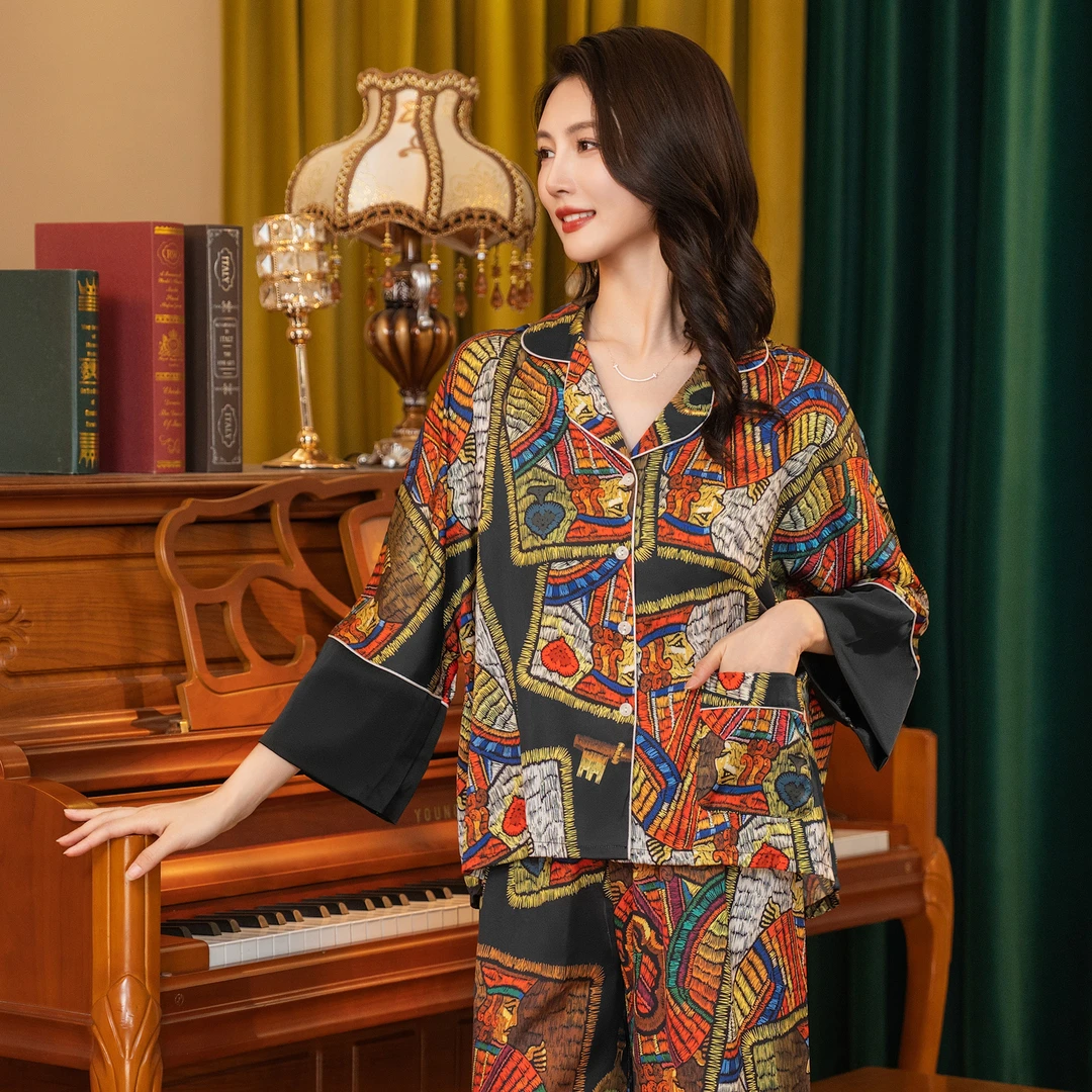 达芬奇密码睡衣2025夏季仿丝绸薄款女士薄睡衣家居服套装大码