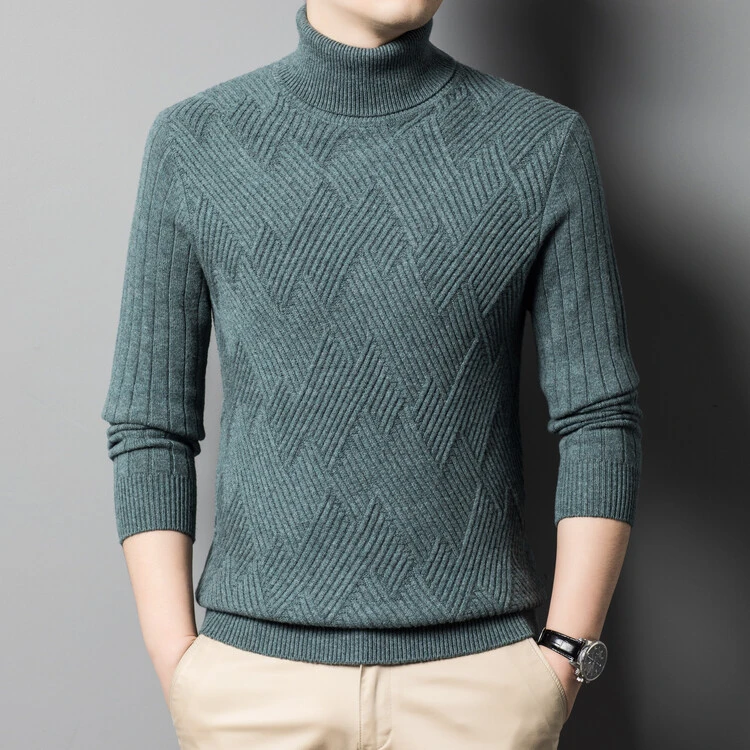男士100羊毛保暖加厚高领纯色打底提花秋冬两翻领针织衫高领毛衣