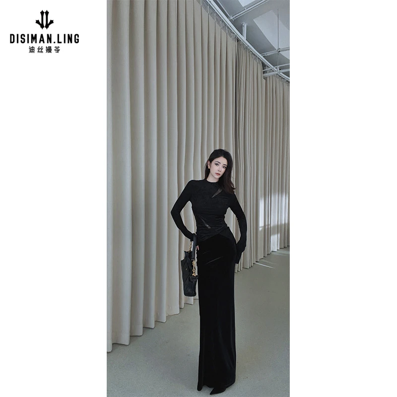 【迪丝嫚苓】黑色梭织半裙时尚百搭气质女士简约长款纯色设计小众感