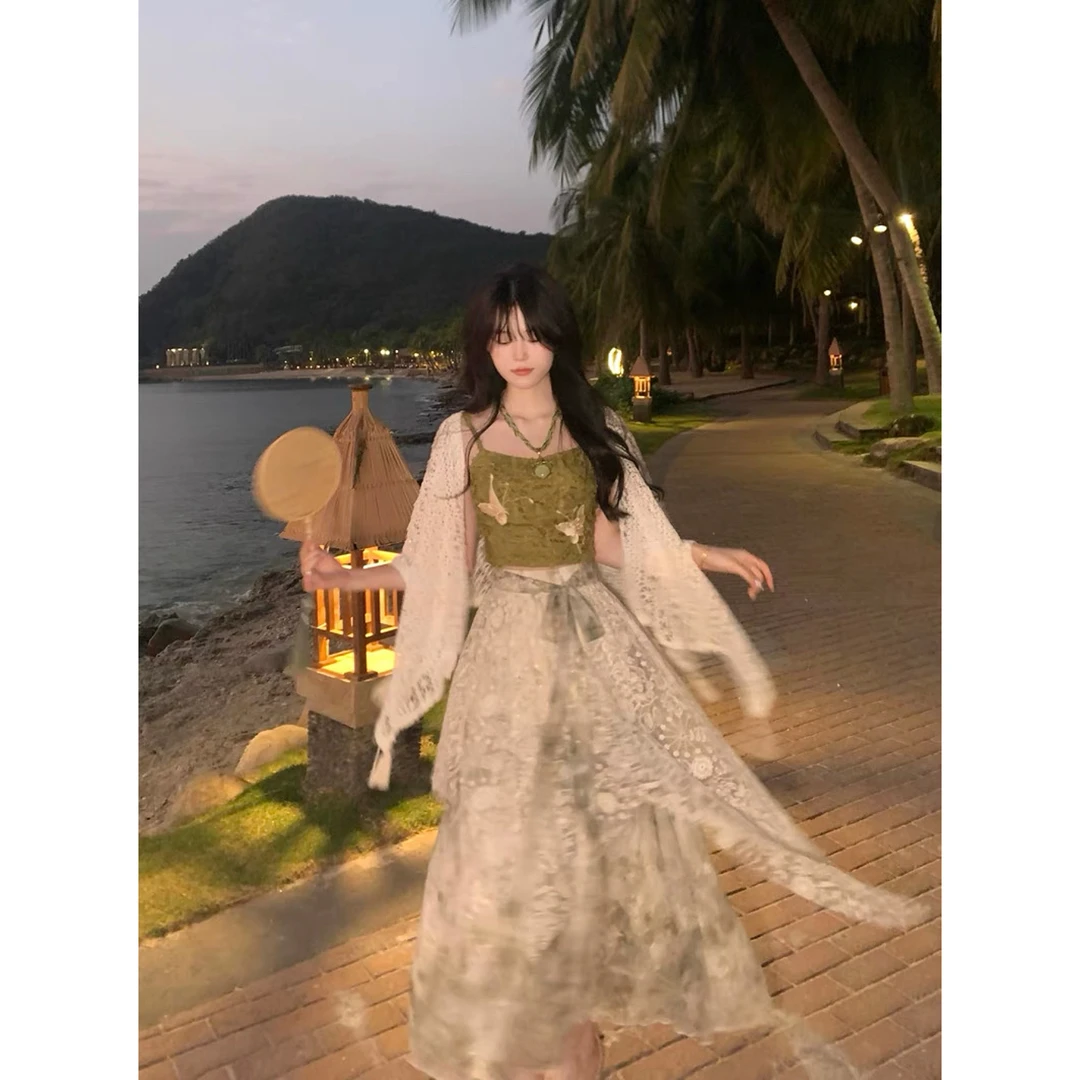 新中式国风套装女温柔剪花蝴蝶结吊带开衫一整套ootd穿搭新款裙子