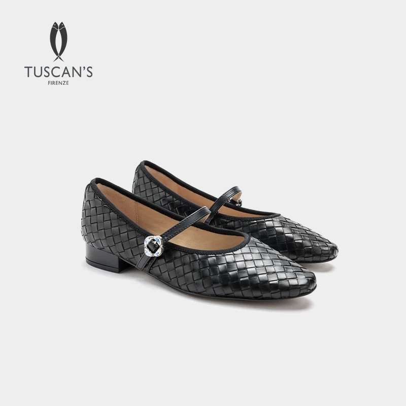 TUSCAN'S女士通勤百搭编织玛丽珍鞋牛皮一字带浅口单鞋时代双鱼