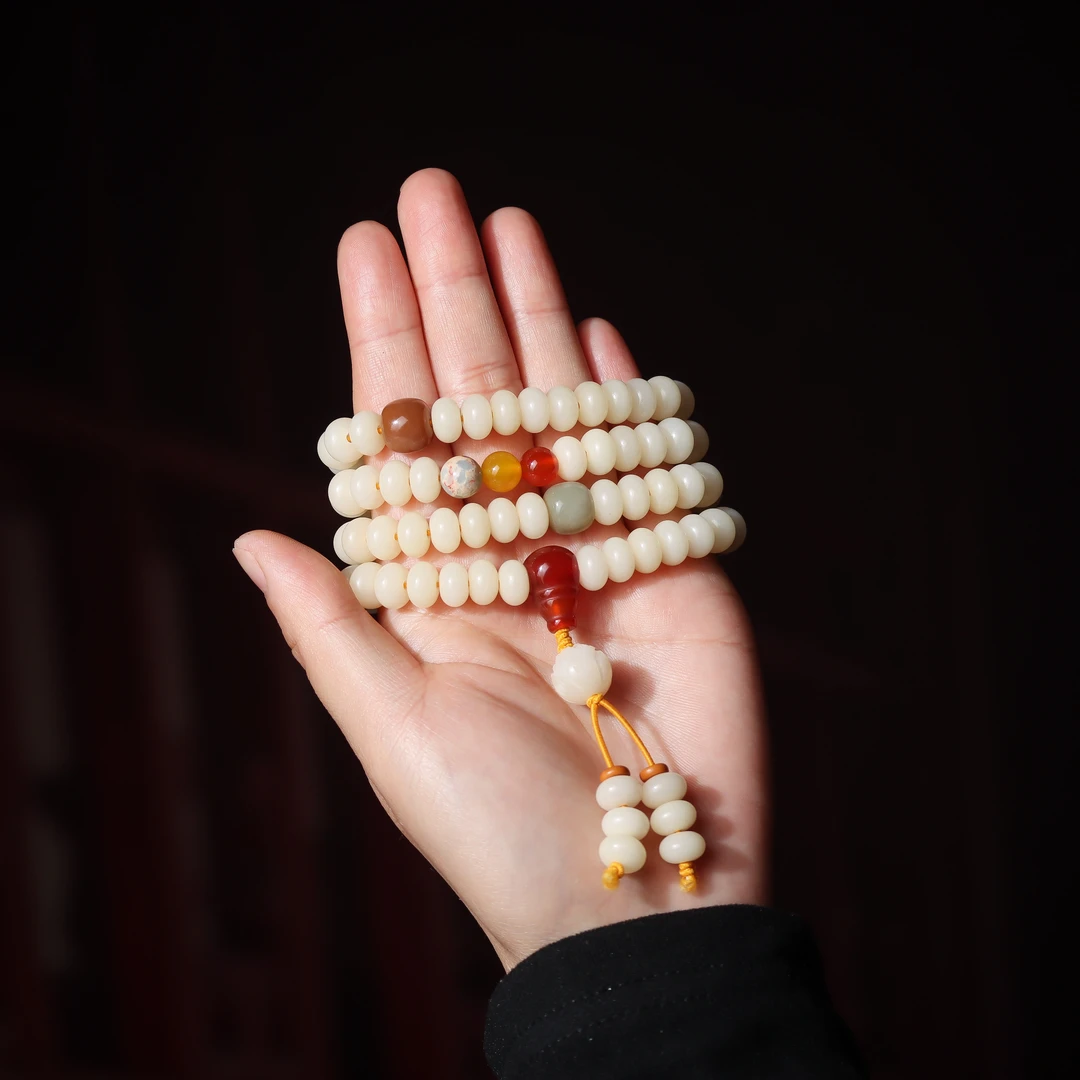羊脂白玉菩提根108颗多圈手串新中式男女菩提子佛珠文玩盘玩百搭