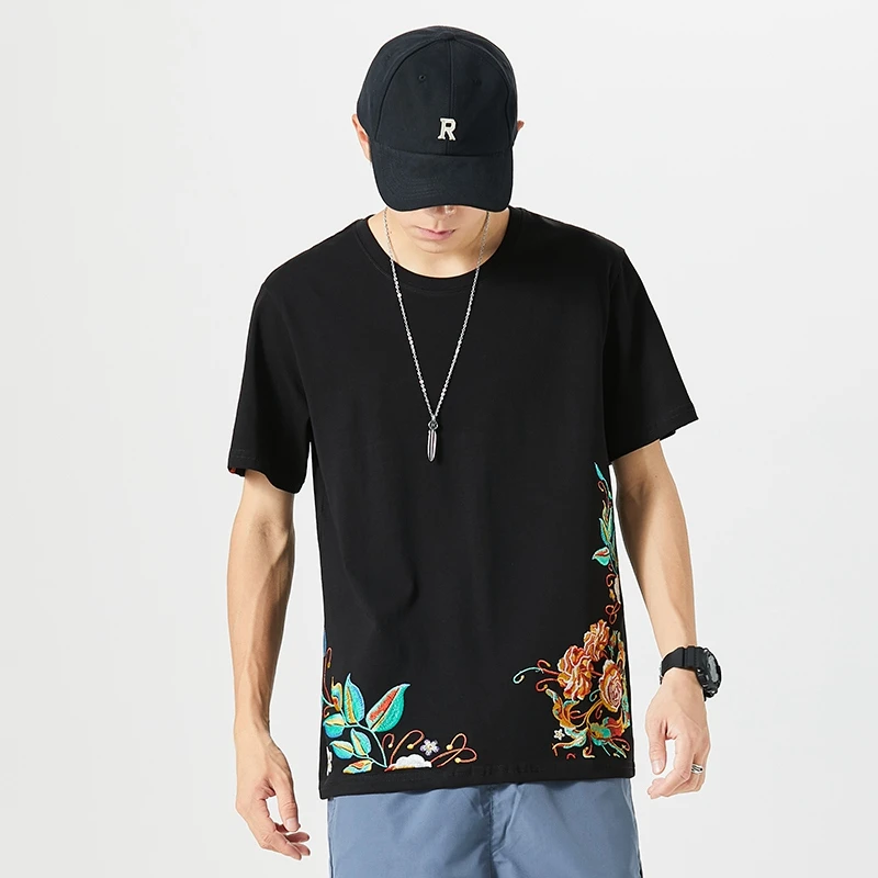 2017（牡丹花开）国潮牡丹花重工刺绣短袖牛仔裤男款爆款2025新款