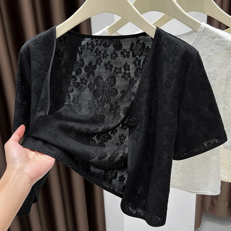 新中式轻国风蕾丝披肩夏季配裙子提花小外套薄款旗袍外搭开衫上衣