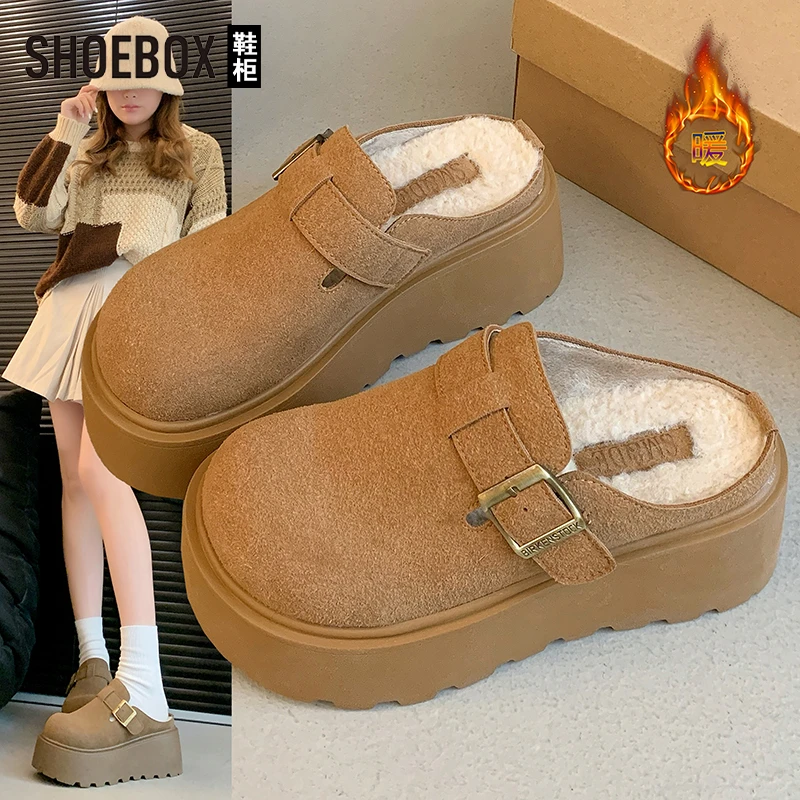 SH0EBOX鞋柜加绒保暖包头拖女2025冬季新款厚底勃肯鞋外穿单鞋