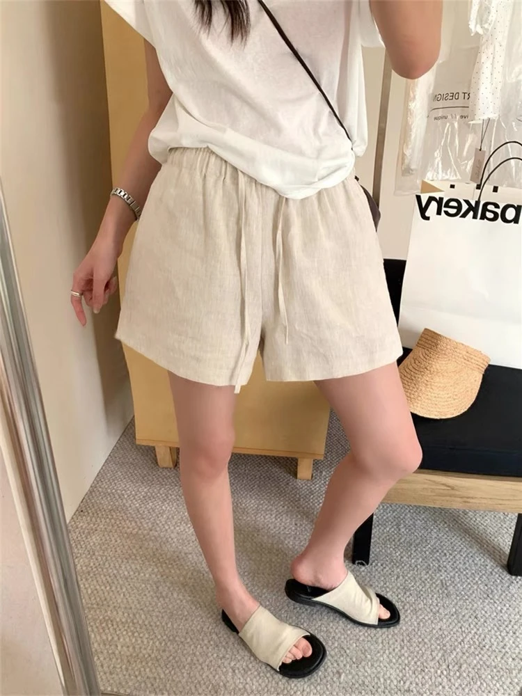 3f11-17739夏季新款简约宽松休闲松紧系绳高腰百搭裤子a字短裤