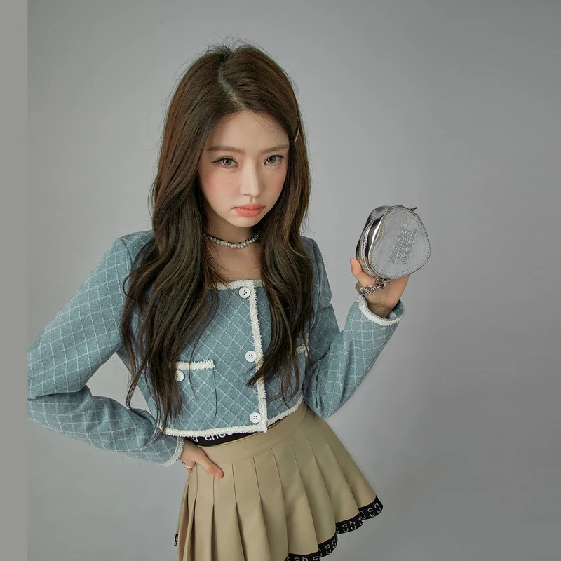 3319【金拐子专属】CHUU格纹短上衣设计感长袖双口袋夹克外套-F