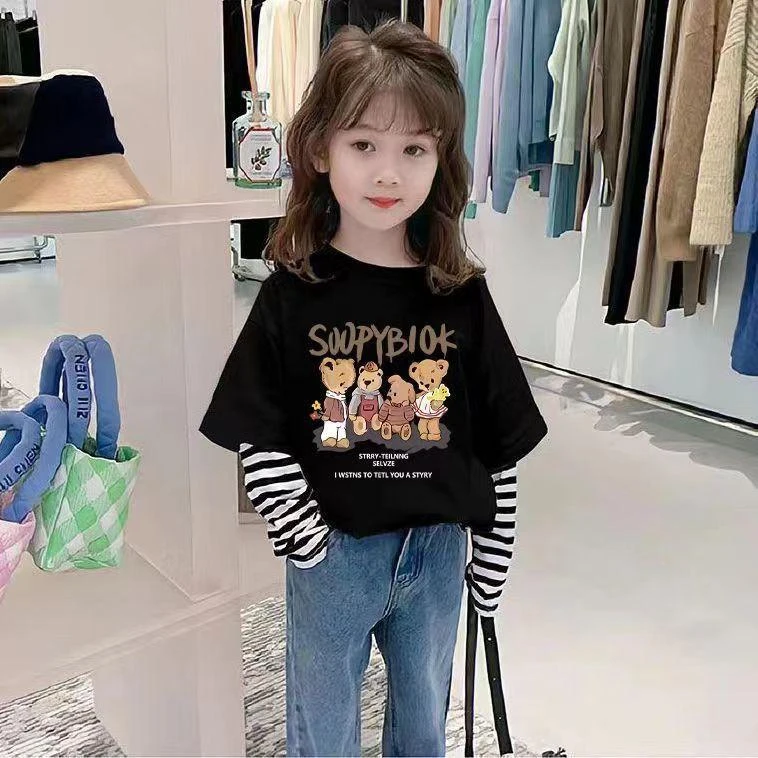 2025新款儿童纯棉假两件长袖T恤男女宝宝条纹打底衫儿童洋气童装