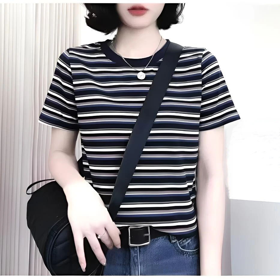 短袖女t恤夏季棉T恤2025新款老钱风宽松时尚条纹圆领百搭显瘦T恤