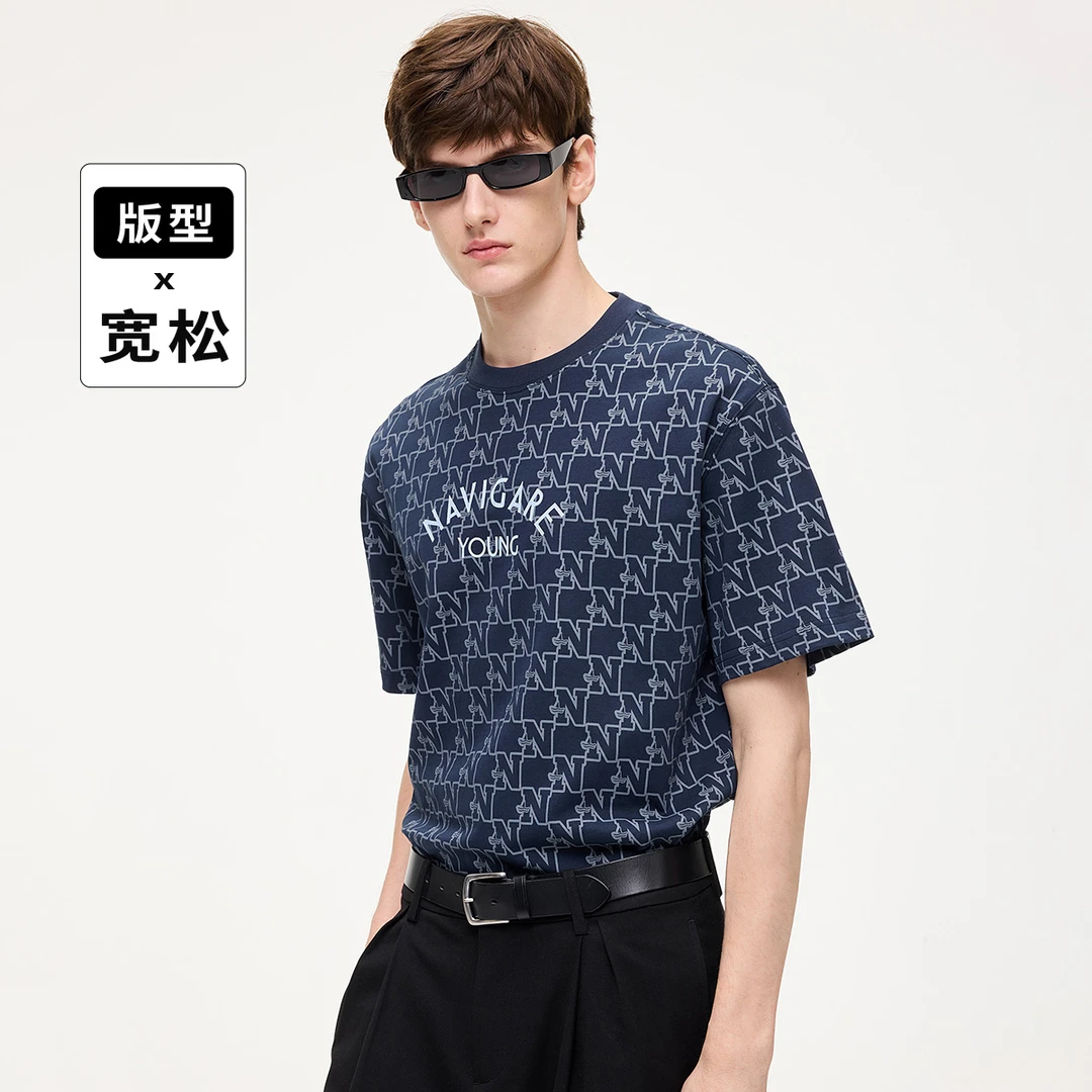 navigare意大利小帆船夏季凉感阔版上衣男士潮流老花短袖圆领T恤