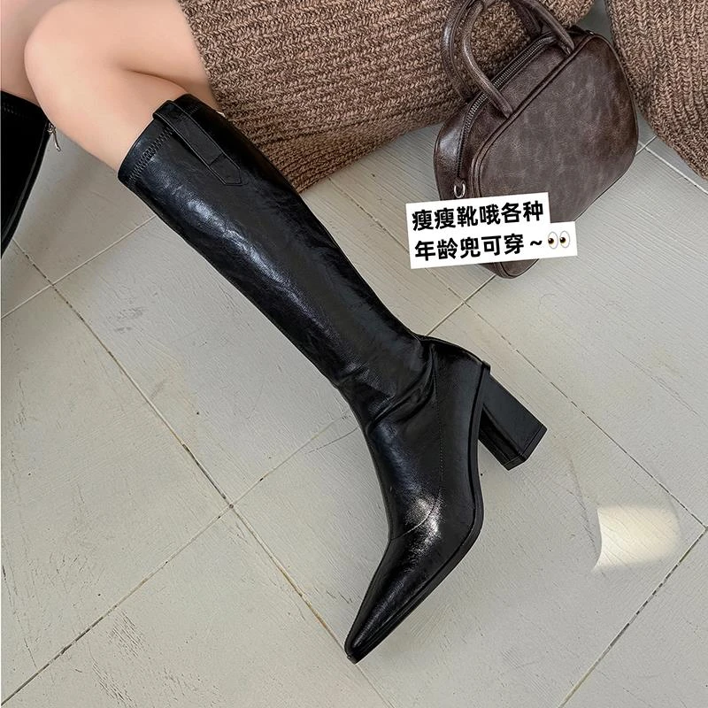 气质女孩~！韩版时尚尖头粗跟8cm显瘦弹力瘦瘦靴颜值舒适百搭长靴