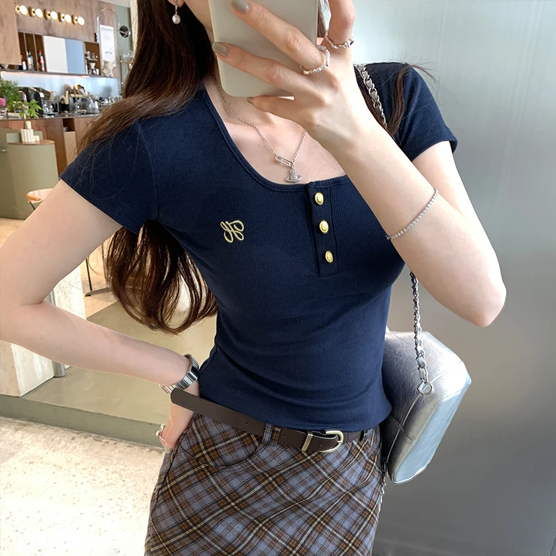 2025夏季新款刺绣正肩短袖T恤爆款美式辣妹显瘦漂亮修身收腰上衣