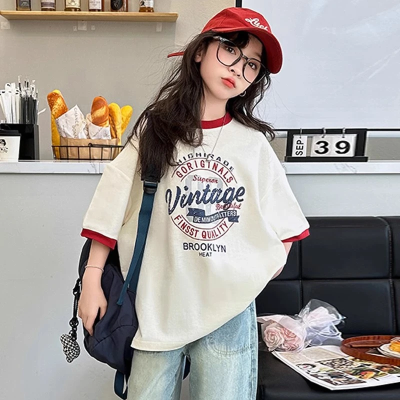 韩国潮女童短袖t恤儿童夏季薄款半袖上衣2025新款中大童休闲夏装T