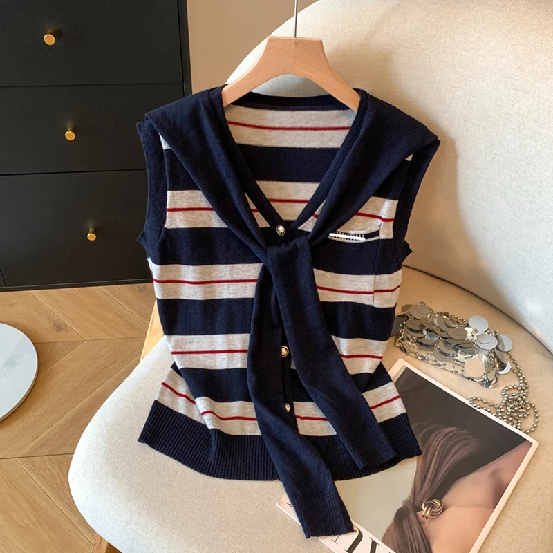 藏青色条纹无袖背心女士夏季2025新款设计感小众显瘦针织T恤上衣