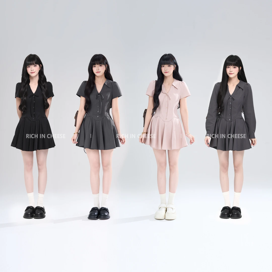 RICHINCHEESE 格林小姐 复古风灰色高级感翻领A字简约显瘦连衣裙