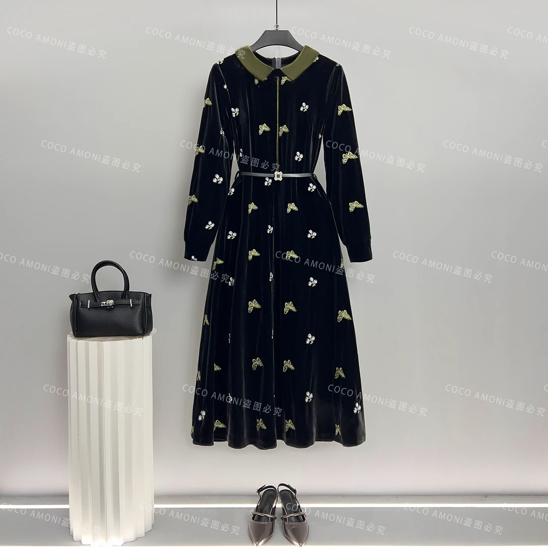 秋冬设计款轻奢新款女装丝绒收腰气质高端显瘦连衣裙WX1225