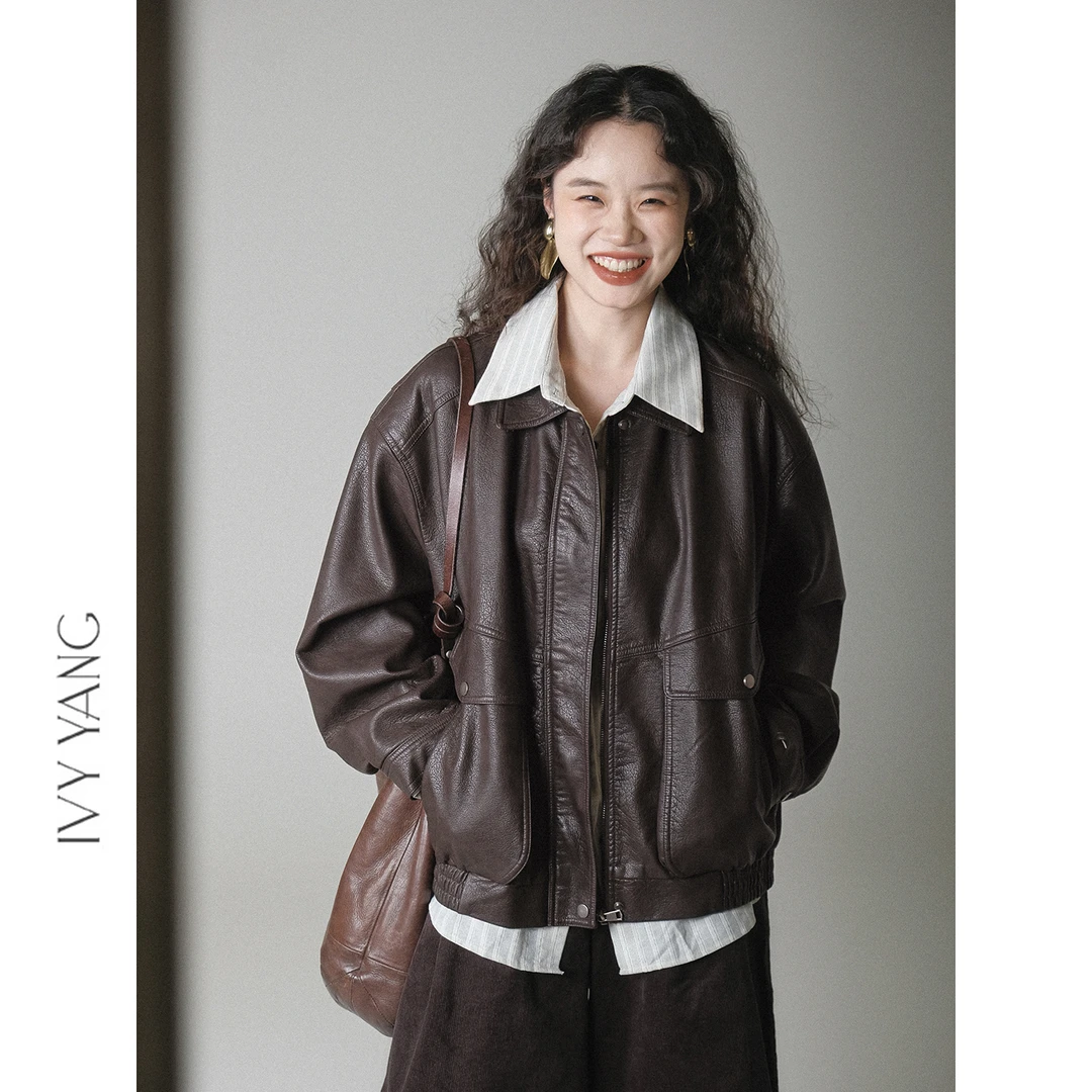 IVY YANG大口袋廓形PU皮宽松皮衣外套