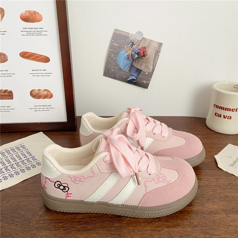 粉色猫刺绣德训鞋女2025春季新款韩版小众时尚平底百搭休闲板鞋