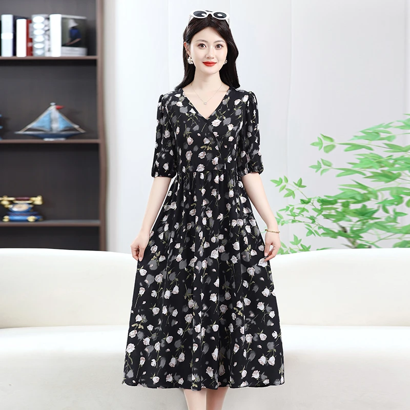 中老年女装夏季中袖棉绸连衣裙中老年妈妈时尚洋气裙子修身显瘦薄