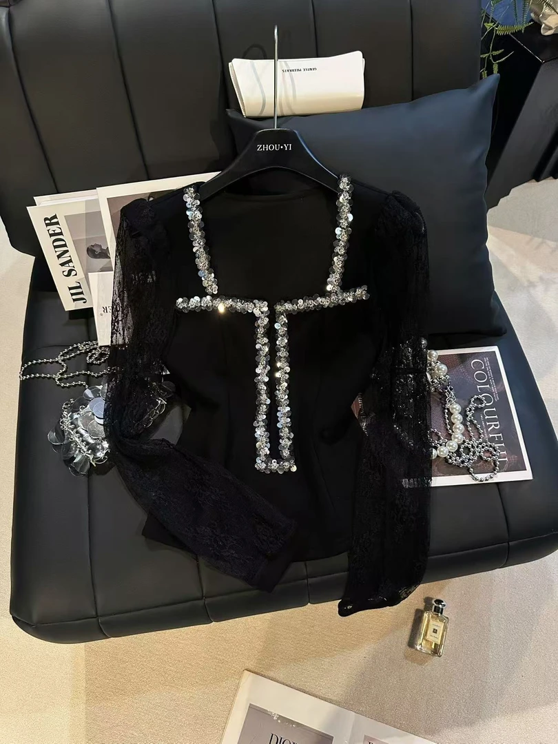 ZHOUYI/周一 2025爆款早秋打底衫蕾丝亮片方领长袖女修身百搭上衣