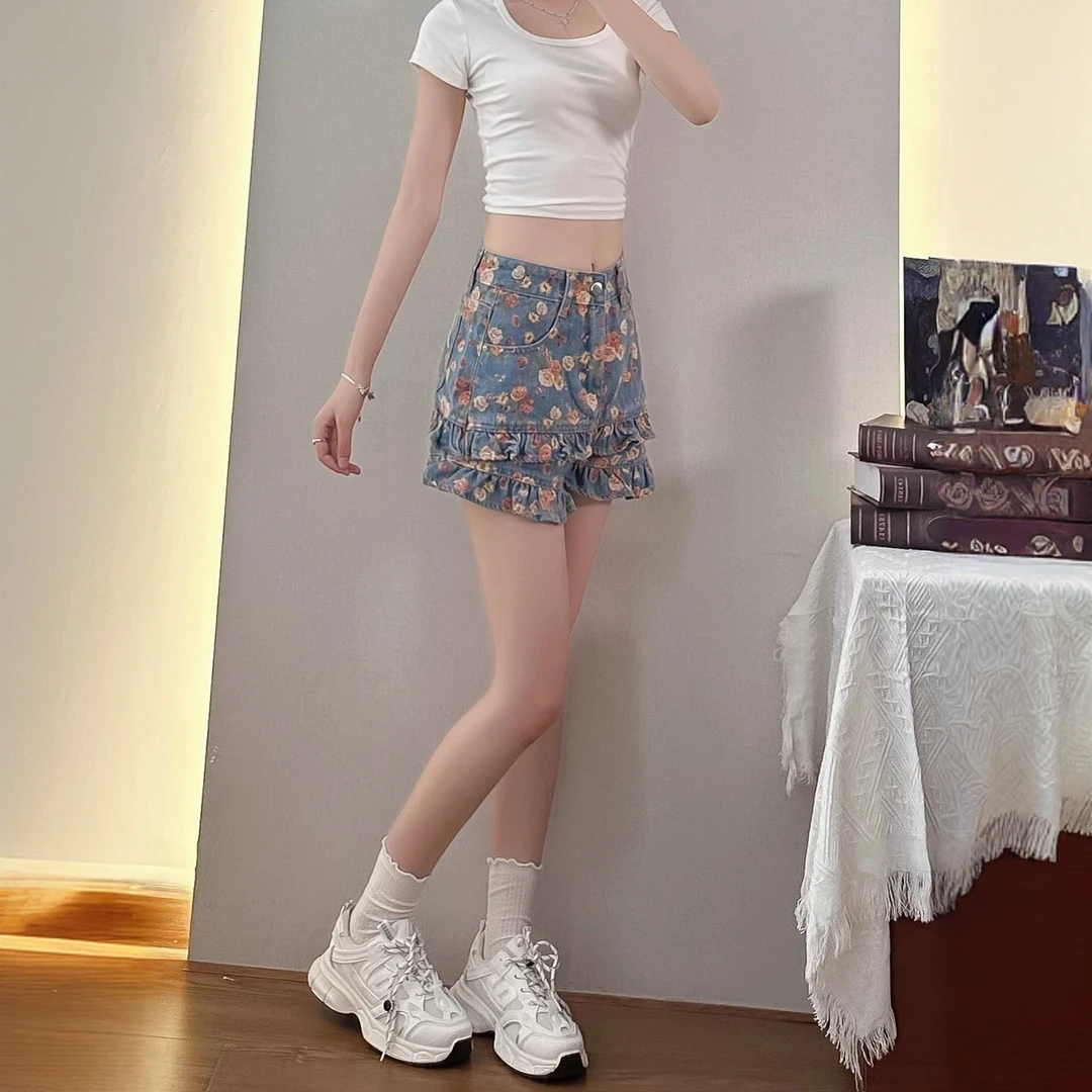 碎花印花短裤女士2025夏季薄款百搭A字高腰阔腿热裤显瘦拼接牛仔
