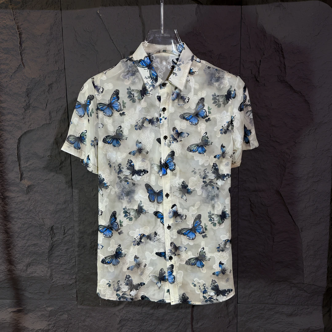 2025时尚潮流薄款夏季修身设计师水墨印花提花男士蝴蝶衬衫CS2001