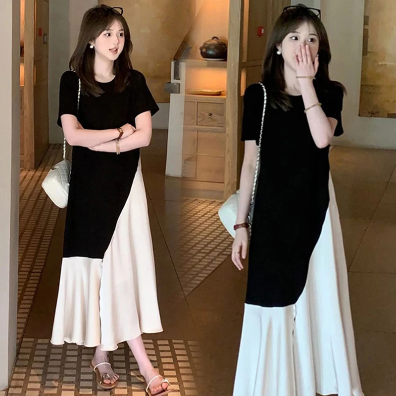 孕妇装夏季时髦洋气显瘦时尚法式珠光缎面拼接宽松显瘦孕妇连衣裙