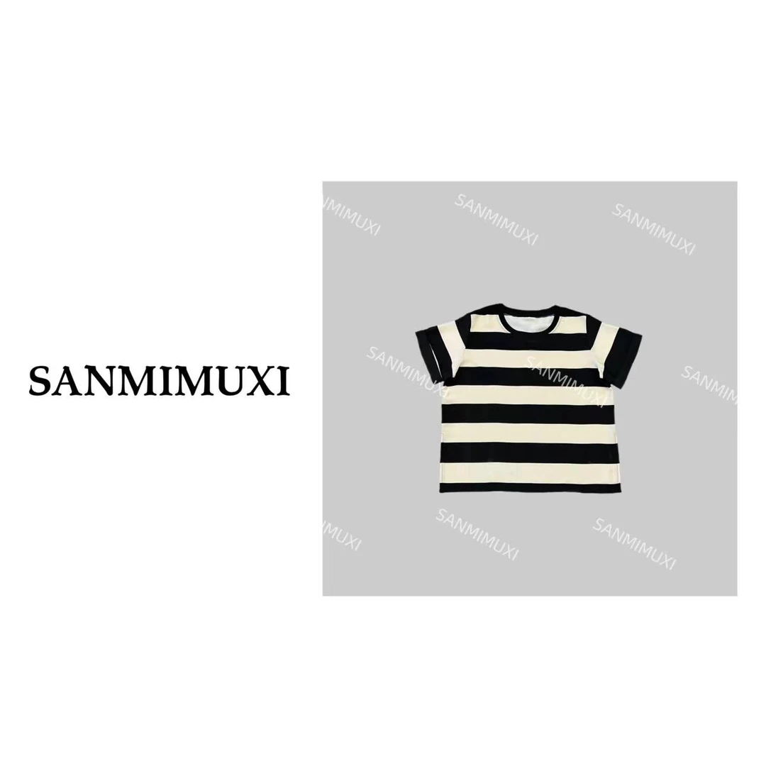 SANMI/叁米   缎面宽条纹正肩短袖上衣  2991