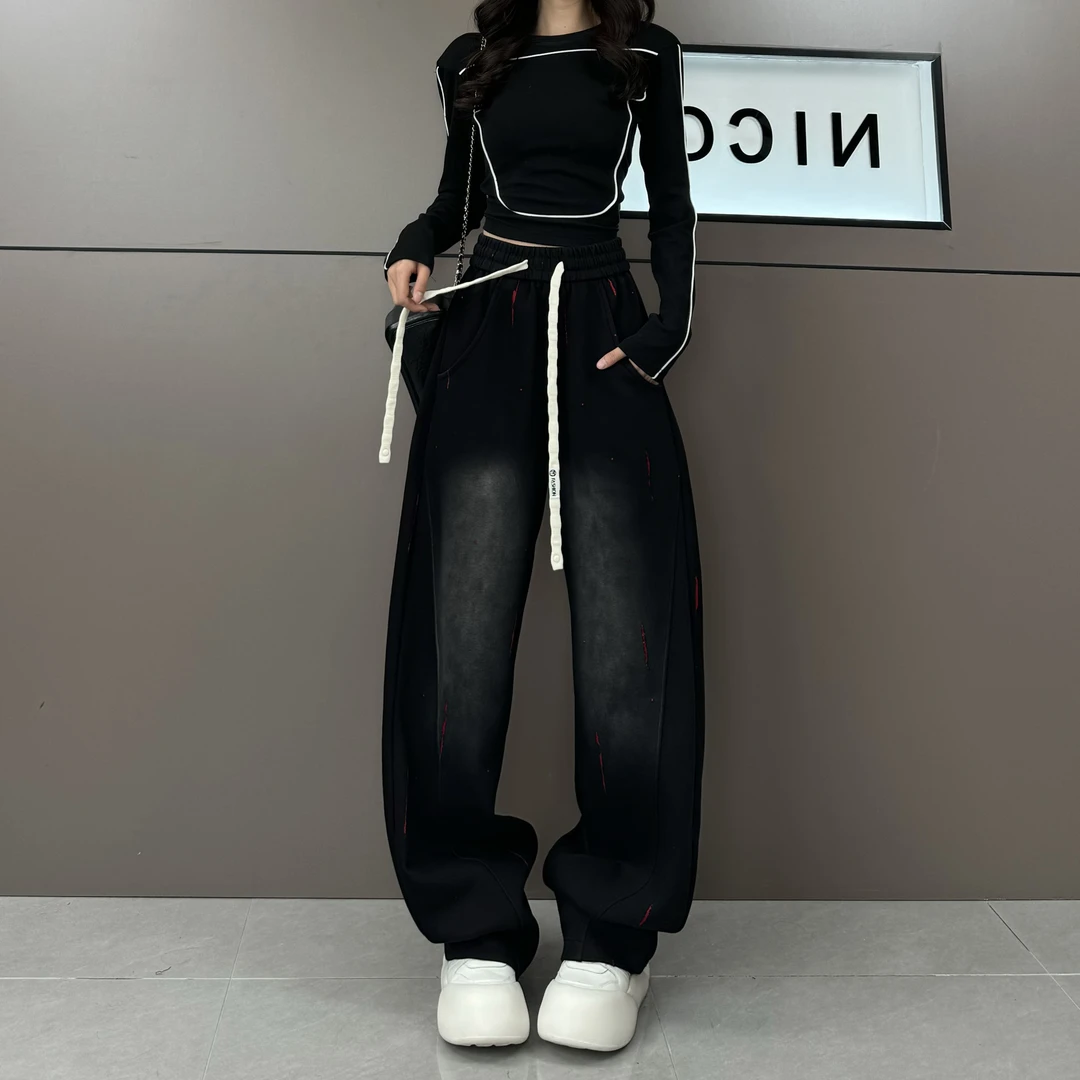 新品原创春款黑色泼墨喷漆高腰直筒弯刀休闲裤7808