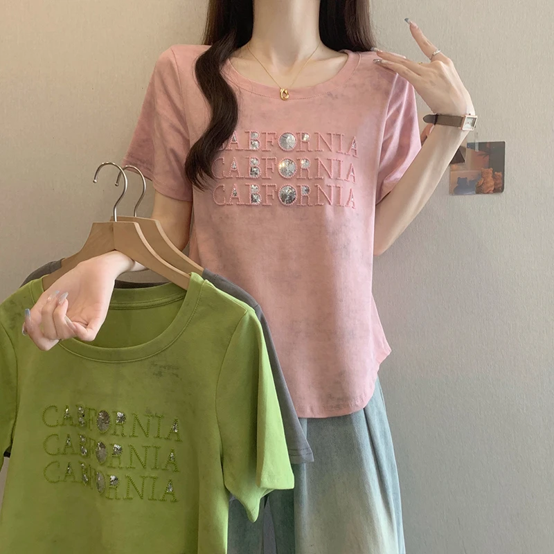 A胖MM大码女士遮肉上衣夏季新款时尚刺绣字母亮片宽松显瘦短袖T恤