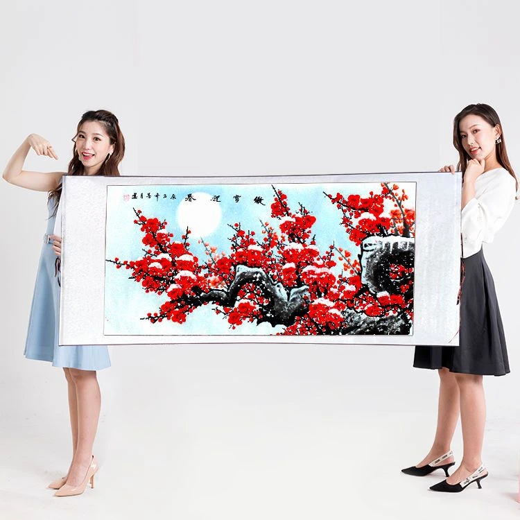 国画纯手画《傲雪迎春》梅花客厅卷轴装裱170*65公分