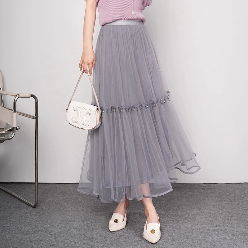 拉夏贝尔拼接半身裙春夏女2025年高腰亮闪百显瘦百搭半裙大摆裙子