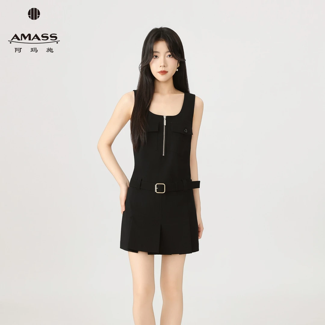 AMASS/阿玛施ins洋气休闲方领腰带设计感显瘦背带连衣裙夏550029
