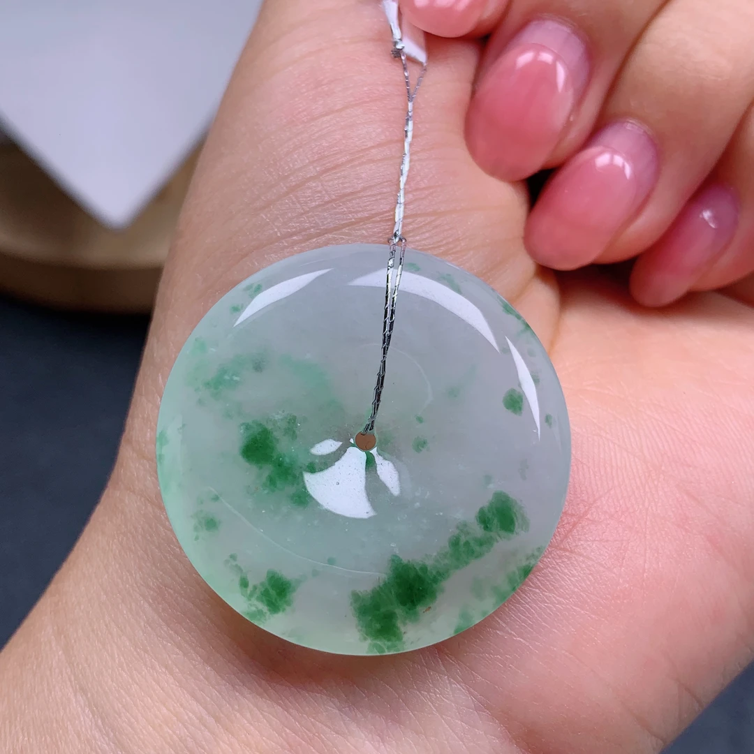 天然缅甸翡翠A货冰飘花平安扣气质精美尺寸33+5.6