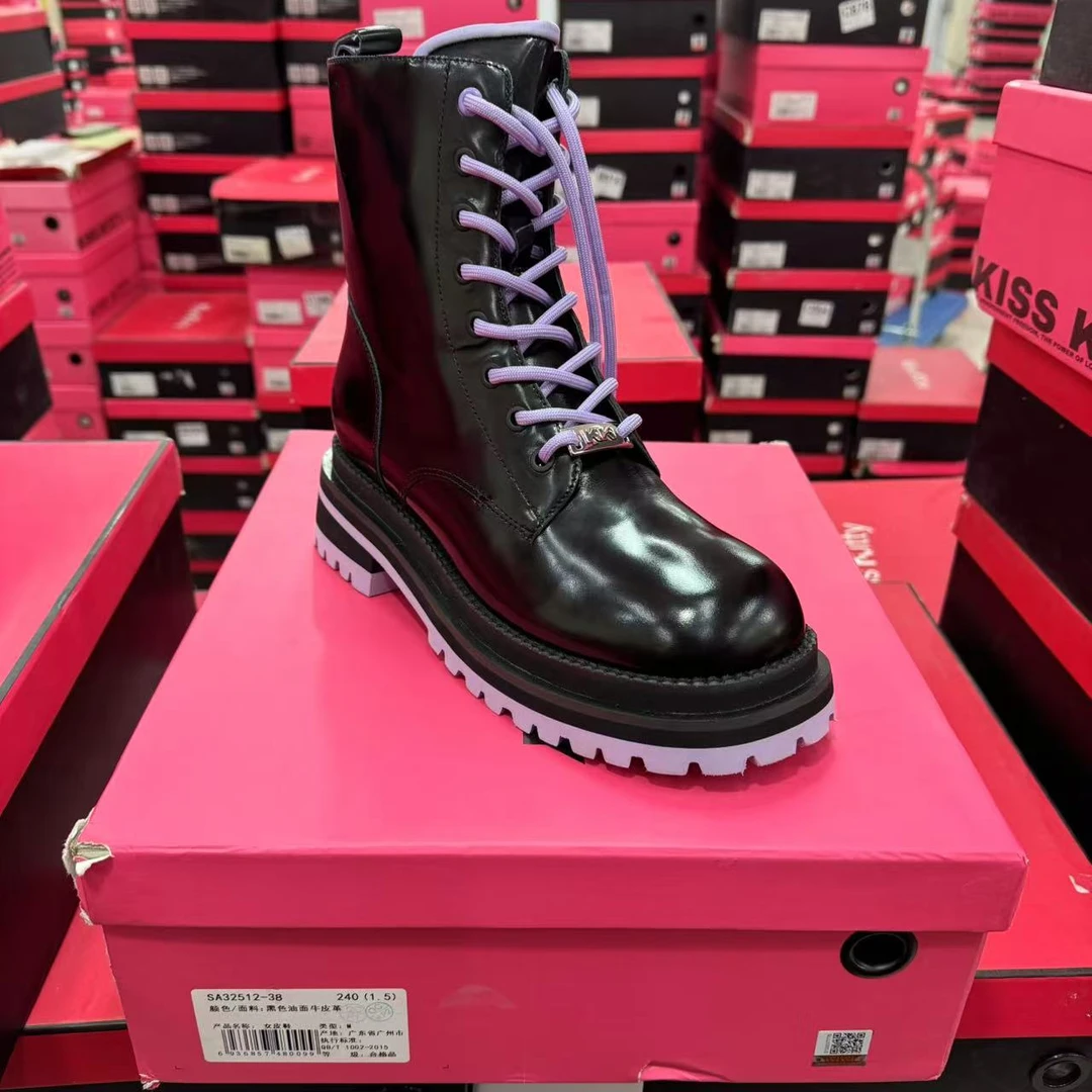 SA32512-38猫猫黑色白色牛皮厚底短靴