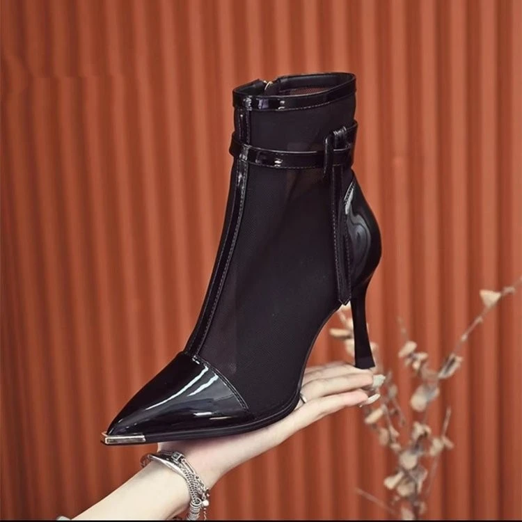 高跟鞋女A06春夏季设计师款侧拉链细跟网纱尖头短靴气质瘦瘦靴女