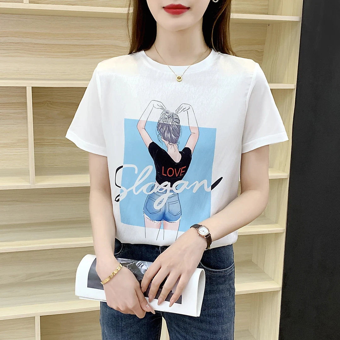 1218夏季丝滑缎面冰凉感百搭时尚印花休闲女T恤洋气AB拼接短袖