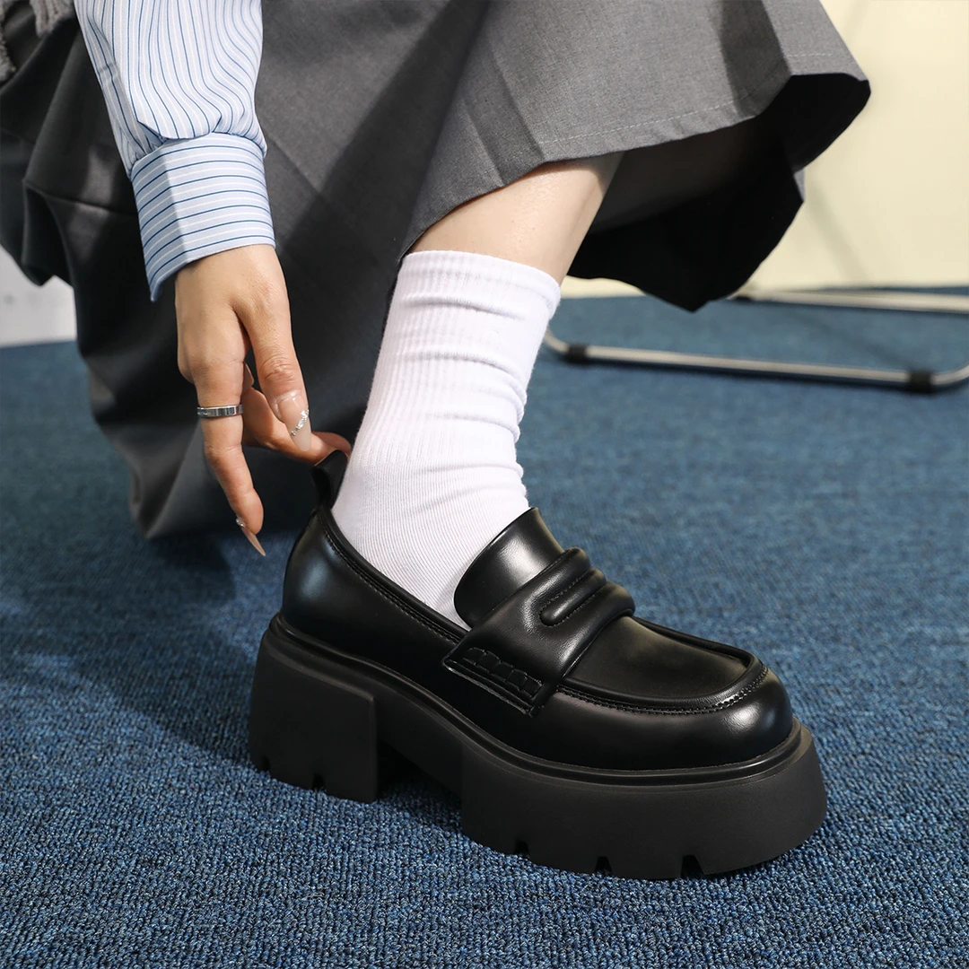 【清仓】厚底粗跟乐福鞋鞋春季新款英伦风黑色小皮鞋增高单鞋