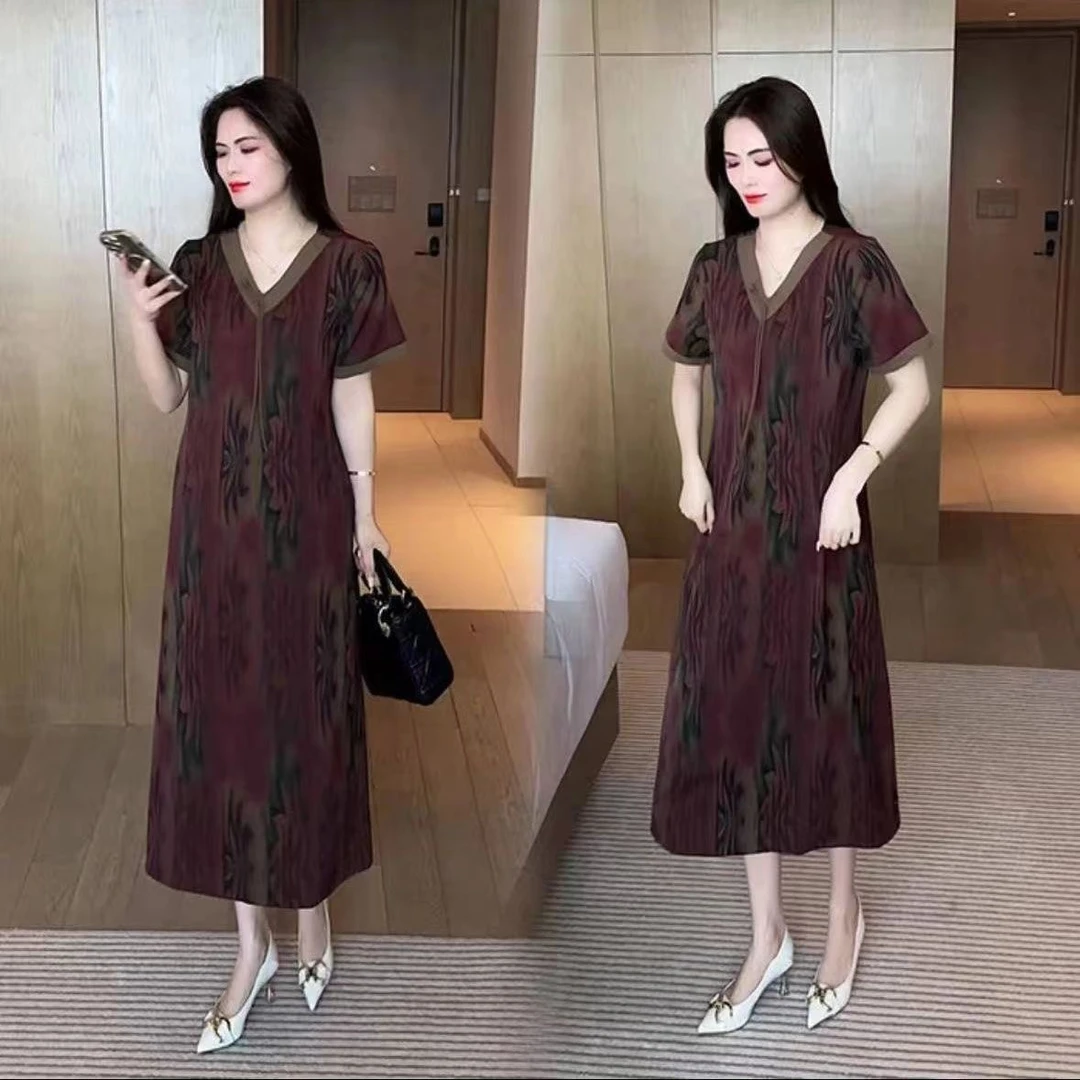 妈妈中式显瘦气质国风短袖连衣裙洋气印花夏季宽松新款时尚裙子女